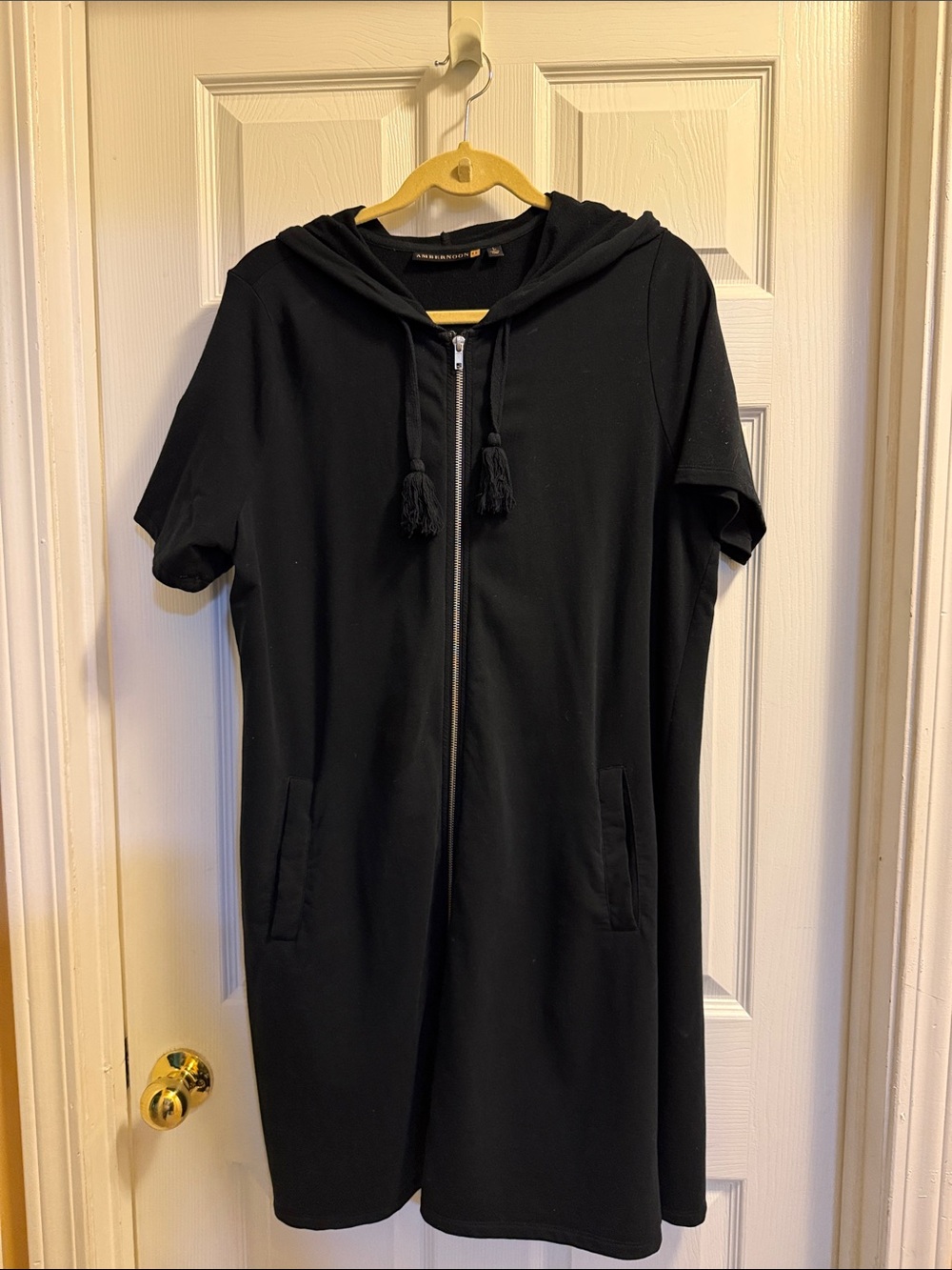 Ambernoon Large Cotton Spandex Black Short-Sleeve Zip Hoodie Swim Cover Up Robe